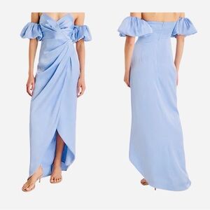 EXPRESS Satin Strapless Removable Puff Sleeves Midi Dress Alpine Blue Size 6